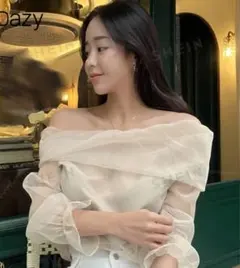 【SHEIN】　オフショルダーブラウス　フリルスリーブ　アプリコット