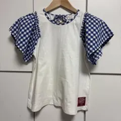 NEEDLE WORKS チェック袖後ろリボンTシャツ ホワイト/青チェックのサムネイル