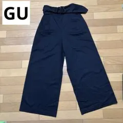 GU ワイドパンツ黒　M レディース　デザインベルト　フレアパンツ　ウエストゴム