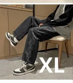 XL メンズ ワイドパンツ デニム ブラック 刺繍入り ストリート系 ゆったり