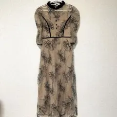 LEJA 花柄リボンパフスリーブマーメイドワンピースドレス ベージュ　S