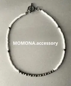 #71 ホワイト×マットシルバー　ビーズネックレス　マンテル