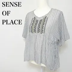 〇SENSE OF PLACE トップス 刺繍 半袖 ストライプ Ｆチュニックのサムネイル