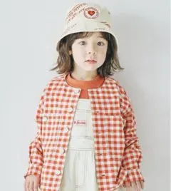 ギンガムチェックとデニムのノーカラーシャツジャケット