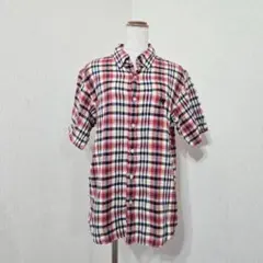 コーエン　チェック柄リネンシャツ　胸ロゴ刺繍　レッド系　春夏　カジュアル【M】