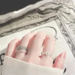 ビーズリング♡3点セット　フラワー　透かし編み　グレー×ホワイト×シルバー