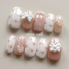 no.10現品✴︎ネイルチップ　フレンチガーリー　小花柄　春ネイル　レース　リボン