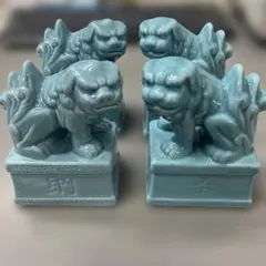 唐獅子 狛犬 ターコイズブルー 陶器 置物 一対 中国美術 縁起物 - メルカリ