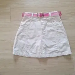 ピンクラテ　白　Aライン　スカート　 ピンクベルト付き　綿