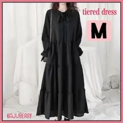 レディース ワンピース ティアードワンピース フリル ボウタイ 黒 ①/ M