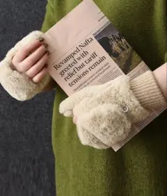 【スマホ対応/2WAY/指なしorミトン】もこもこファー指カバー付き手袋