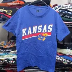 90sラッセルドミニカ製S古着メンズKANSAS青ブルーロゴtシャツUSA直輸入