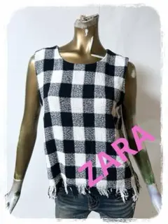 ☘️T19027☘️ZARA チェック柄 トップス ノースリーブ フリンジ L