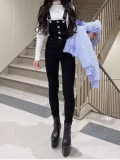 ★GYDA★♥BACKクロススキニーデニムサロペット♥ブラック♥