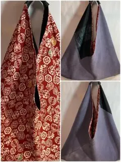 小紋ちりめん×結城紬大島あわせあずま三角バッグリバーシブルハンドメイド８３８