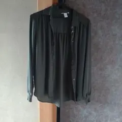 H&M シフォン 長袖 シャツ カーキ レディース