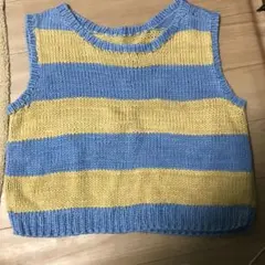 レトロ　青と黄色のストライプ ノースリーブニットベスト