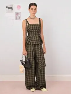 shein シーイン チェック プリーツ ビスチェ カーキ S