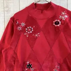 古着 長袖 マス目柄 スウェット 刺繍 アメカジ ダサカワ ゆるだぼ