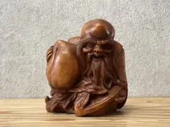 【縁起物】木彫り 寿老人 桃仙人 置物 一刀彫 精密彫刻 唐木 黄楊 骨董