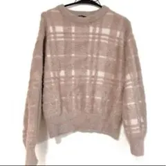 ベージュ系　チェック柄　ニット　セーター　秋冬　シャギーニット