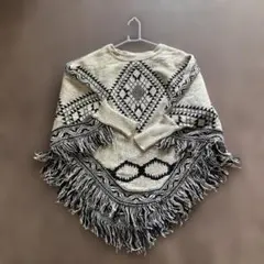 幾何学模様 フリンジ付き袖ありポンチョ