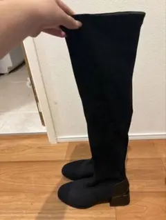 ブラック ニーハイブーツ スエード調 ヒール5cm