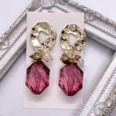 73.ハンドメイド ピアス ワインレッド 大ぶり ジャラジャラ