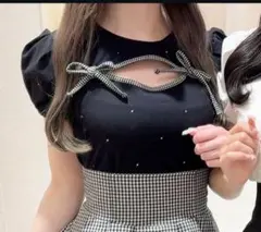 evelynバイカラーリボンTシャツ ブラック