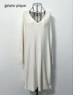 ジェラートピケ 長袖 ワンピース レディース Vネック フリーサイズ ホワイト