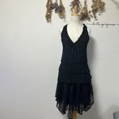 美品 フリルプリーツキャミソール＆レースフレアボリュームスカート 2点セット　黒
