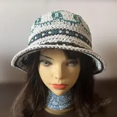 つば付きハット　つば広帽子　クロシェハット　クラッシャーハット コットン　手編みのサムネイル
