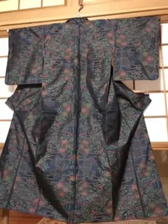 正絹 本場奄美大島紬 紺系 花唐草 袷 ◎150/62