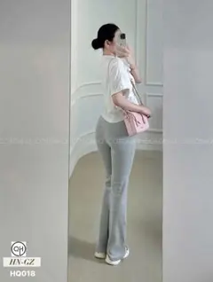 リブ編み グレー フレアパンツ