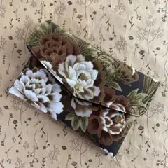 御朱印帳ケース[茶系 金 鶴 花]⑤