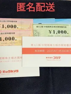 コジマ　ビックカメラ　株主優待券　¥3000