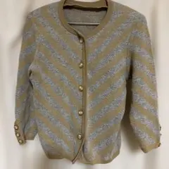 ベージュとグレーのストライプニットジャケット　日本製