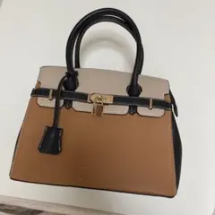 美品 ロック付きハンドバッグ ベージュ・ブラウン・ブラック