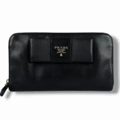 PRADA プラダ 長財布 サフィアーノ ロゴ リボン ラウンドジップ 財布 黒