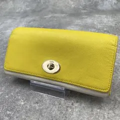 【美品】COACH コーチ　長財布　シボ革　黄色　ホワイト　白　レザー