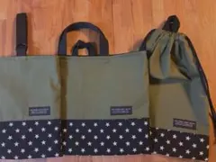 ハンドメイド　入園入学　3点　カーキ　ブラック星柄　男の子　シンプル　ループ付き