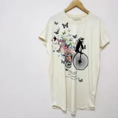 【イズスカラー】半袖Tシャツ　ロンTワンピース　M　アイボリー系　花柄蝶ペンギンのサムネイル