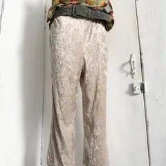 ベロア ワイドパンツ ベージュ系 光沢 刺繍入り y2k 平成ギャル 00sのサムネイル
