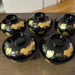 漆器 椀 5個セット 黒地 金色装飾 会津塗 義三作 伝統的工芸