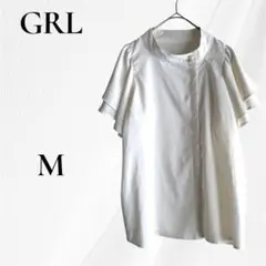 GRL ダブルフリルスリーブハイネックブラウス 半袖 パールボタン ホワイト