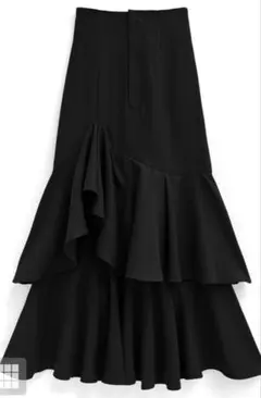 GRLブラック ロングスカート アシンメトリーティアードマーメイドスカート