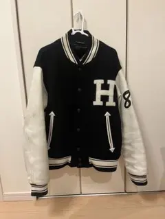 90s トミーヒルフィガー スタジャン 袖リアルレザー ビックロゴ 黒 L相当 トミーヒルフィガー アームレザー 牛革 スタジャン 袖革 メンズM