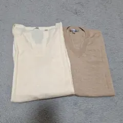 UNIQLO ユニクロ Vネック ウール カラー ニット ベージュ白 ２点セット