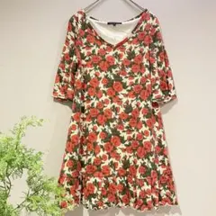 【マーキュリーデュオ】薔薇花柄＊ニットフレアチュニック／フリル／5分袖／春秋服