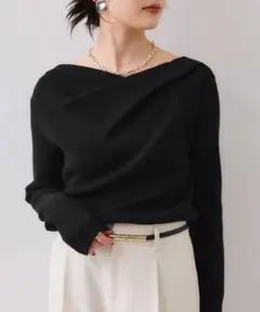 新品：VIS もちもちドレープリブニットトップス ブラック 黒 オフショル リブ